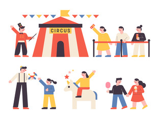 People wait in line at the circus tent.