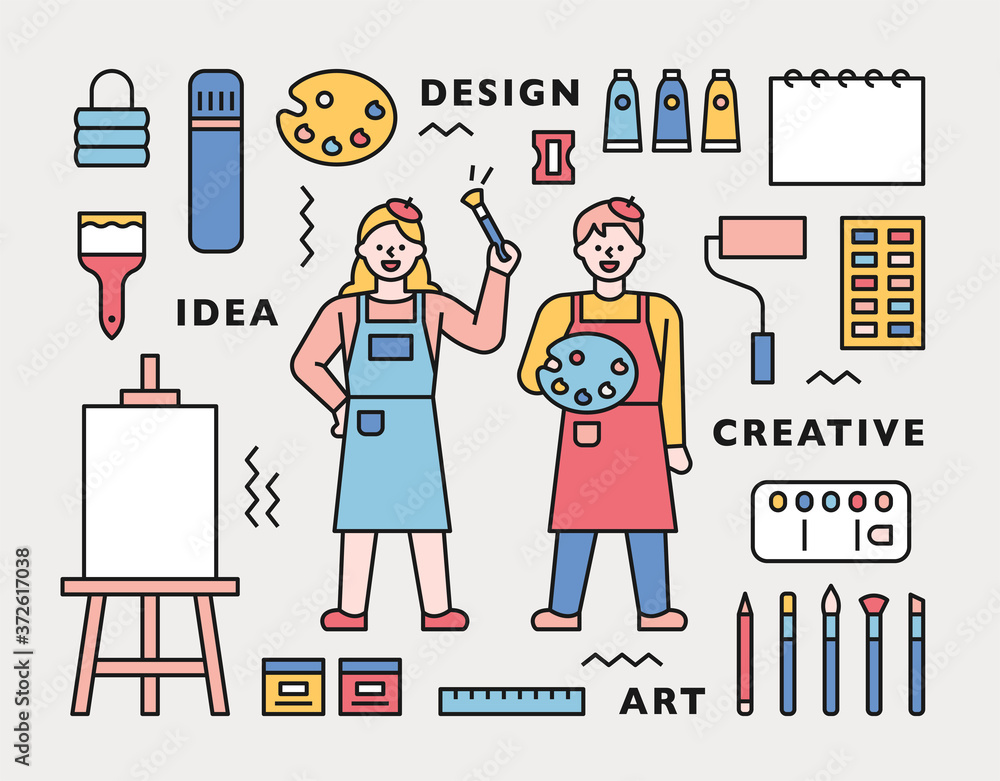 Canvas Prints painter character and various art tools icons.