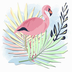 Pink Flamingo with yellow, green palm leaves. Isolated illustration.