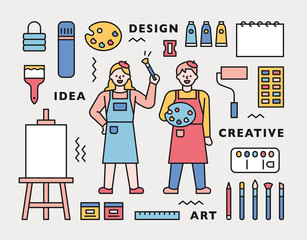 Painter character and various art tools icons. © MINIWIDE