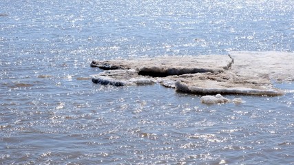 Close up sheets of ice floating on the Ob River.