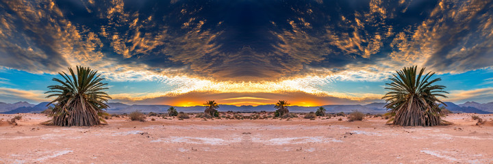 Panorama of Savannah valley and sand desert, digitally manipulated panoramic image for inspiration of beautiful nature in  desert of the Middle East