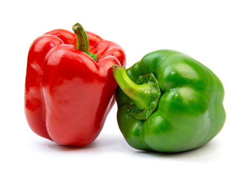 Paprika, Sweet pepper, Red and green bell pepper isolated on white background. 