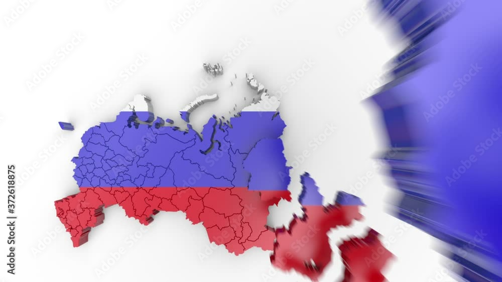 Poster map of russia with flag, top view. formed by individual regions falling from top to bottom on a whit