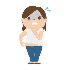 太ってお腹の脂肪が掴めることにショックを受けてる女性のイラスト。