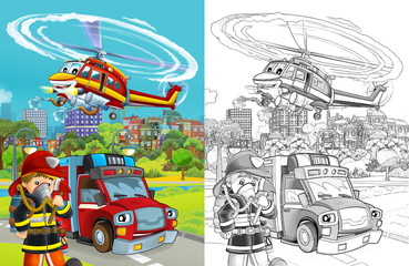 cartoon sketch scene with fire brigade car vehicle on the road