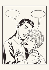 Couple in Love, Hugging and Romantic Dialogue Comic Book Style Hand Drawn Illustration 