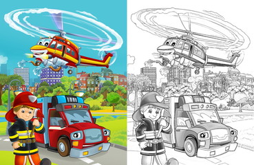 cartoon sketch scene with fire brigade car vehicle on the road