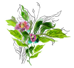 Watercolor Hand Drawn Artwork Illustration Floral Composition with Flowers Leaves and Doodle