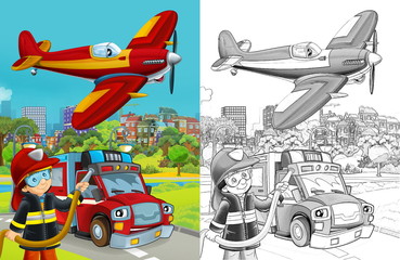 cartoon sketch scene with fire brigade car vehicle on the road