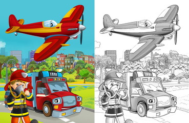 Obraz na płótnie Canvas cartoon sketch scene with fire brigade car vehicle on the road