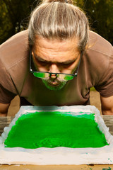 Casting of possible emerald tablet visualisation with epoxy resin to prepared form (no real meaning)