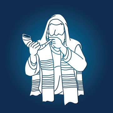 white man blowing shofar on blue background clip art preview