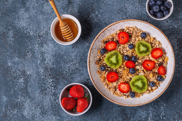 Healthy breakfast, bowl with oat granola and berries.