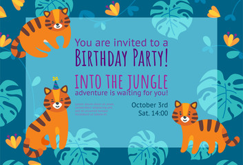 Birthday invitation card with cute little tigers. Ready-made horizontal invitation design for birthday parties. Colorful falt vector illustration with jungle leaves frame.
