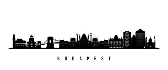 Naklejka premium Budapest skyline horizontal banner. Black and white silhouette of Budapest City, Hungary. Vector template for your design.