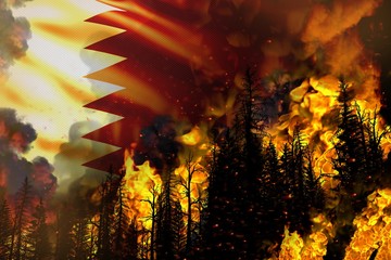 Big forest fire fight concept, natural disaster - flaming fire in the trees on Qatar flag background - 3D illustration of nature