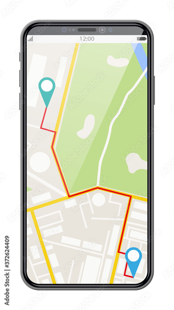 Poster modern smartphone with map and marker. gps navigation inphone with green and blue pointers. tracking