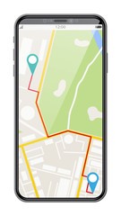 Modern smartphone with map and marker. GPS navigation inphone with green and blue pointers. Tracking and location concept. Track app on touch screen. Cartoon flat vector illustration