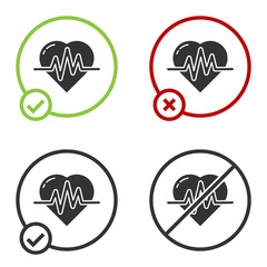 Black Heart rate icon isolated on white background. Heartbeat sign. Heart pulse icon. Cardiogram icon. Circle button. Vector Illustration.