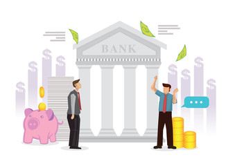 Bank building with businessmen. Concept of bank financing, money exchange or financial services.