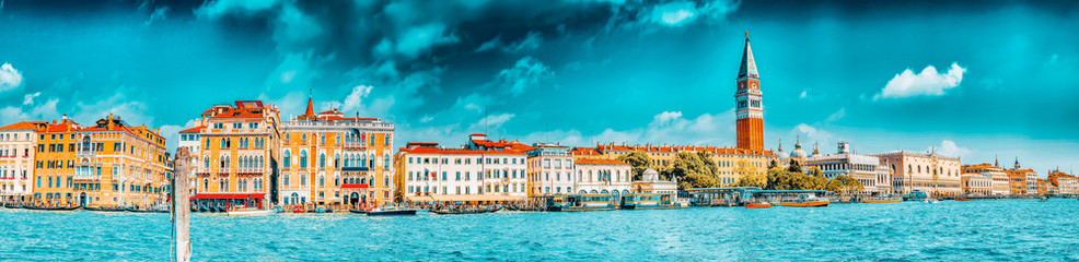 Views of the most beautiful canal of Venice - Grand Canal, and Campanile of St. Mark's Cathedral(Campanile di San Marco),Doge's Palace (Palazzo Ducale). Italy.