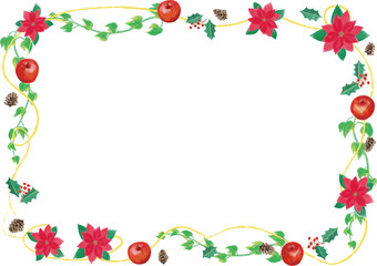 クリスマス　ポインセチアなどの植物のフレームイラスト