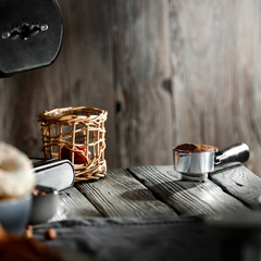 Coffee on the table in a retro setting on a sunny morning