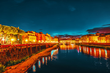 Obraz premium Beautiful landscape, panorama on historical view of the Florence - Ponte Vecchio is a bridge in Florence at night time. Italy.
