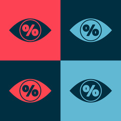 Pop art Eye with percent icon isolated on color background. Shopping tag sign. Special offer sign. Discount coupons symbol. Vector Illustration.