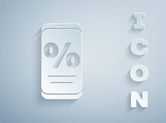 Paper cut Percent discount and mobile phone icon isolated on grey background. Sale percentage - price label, tag. Paper art style. Vector Illustration.