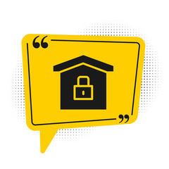 Black House under protection icon isolated on white background. Home and lock. Protection, safety, security, protect, defense concept. Yellow speech bubble symbol. Vector Illustration.