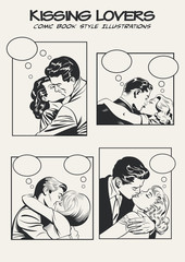 Kissing Lovers Retro Comic Book Art Stylization, Hand Drawn Sketches, Romantic Illustrations