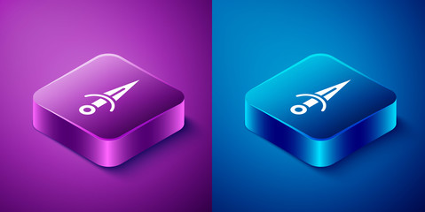 Isometric Dagger icon isolated on blue and purple background. Knife icon. Sword with sharp blade. Square button. Vector.