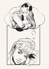 Sad Woman and Wineglass, Romantic and Melancholic Comic Book Style Hand Drawn Illustration 