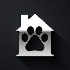 Silver Pet house icon isolated on black background. Long shadow style. Vector.