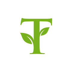 Letter T initial with green leaf logo vector design template