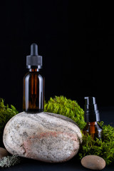 composition with glass bottles of body care organic cosmetics on stone pedestal with  real tree bark, mosses. Cosmetic background  mock up for product presentation.