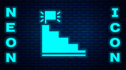 Glowing neon Stair with finish flag icon isolated on brick wall background. Career growth business concept. Concept of business development. Vector.