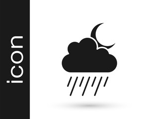 Black Cloud with rain and moon icon isolated on white background. Rain cloud precipitation with rain drops. Vector.
