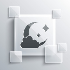Grey Cloud with moon icon isolated on grey background. Cloudy night sign. Sleep dreams symbol. Night or bed time sign. Square glass panels. Vector.