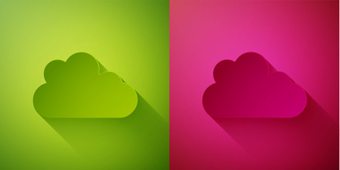 Paper cut Cloud icon isolated on green and pink background. Paper art style. Vector.