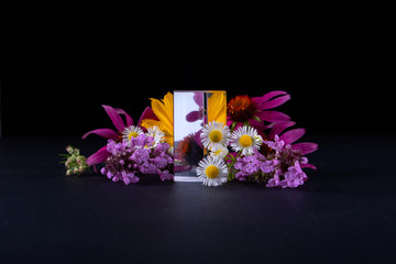 Abstract background with flowers and glass podium for products presentation or exhibitions. ...
