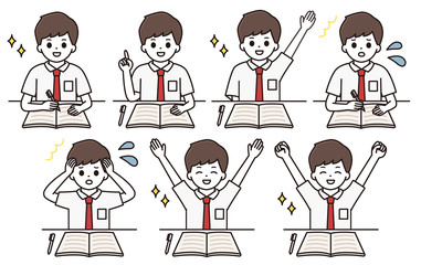 男子学生 勉強 イラスト セット
