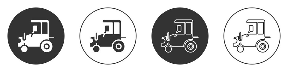 Black Tractor icon isolated on white background. Circle button. Vector.