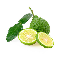  Kaffir lime with leaves on white background