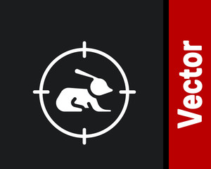 White Hunt on rabbit with crosshairs icon isolated on black background. Hunting club logo with rabbit and target. Rifle lens aiming a hare. Vector.