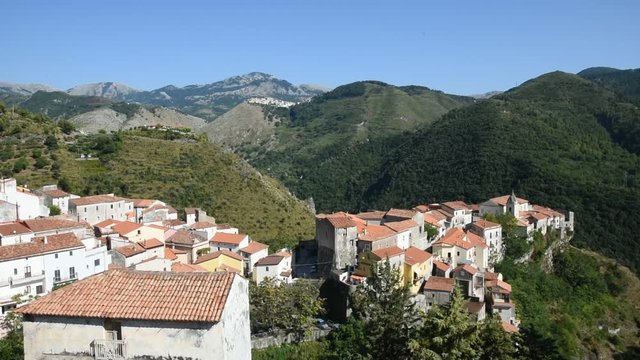 Panoramic view of the rural town of Aieta, in the region of Calabria, Italy.
