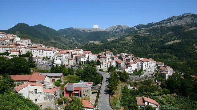 Panoramic view of the rural town of Aieta, in the region of Calabria, Italy.
