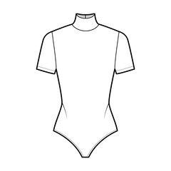 Ballet stretch-jersey turtleneck bodysuit technical fashion illustration with short sleeves. Flat outwear one-piece shirt apparel template front, white color. Women men unisex top CAD mockup. 